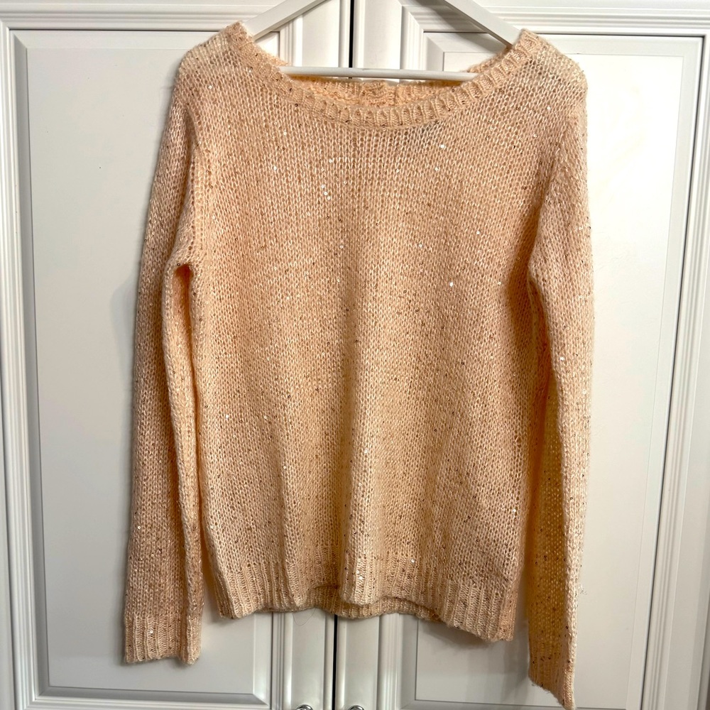 Pure Alfred Sung Size Large Long Sleeve Scoop Neck Fuzzy Pink Sweater w/Sequins